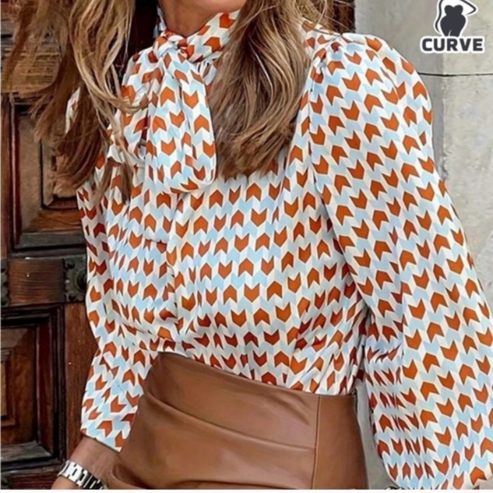 Orange and White Geometric Blouse - NWOT